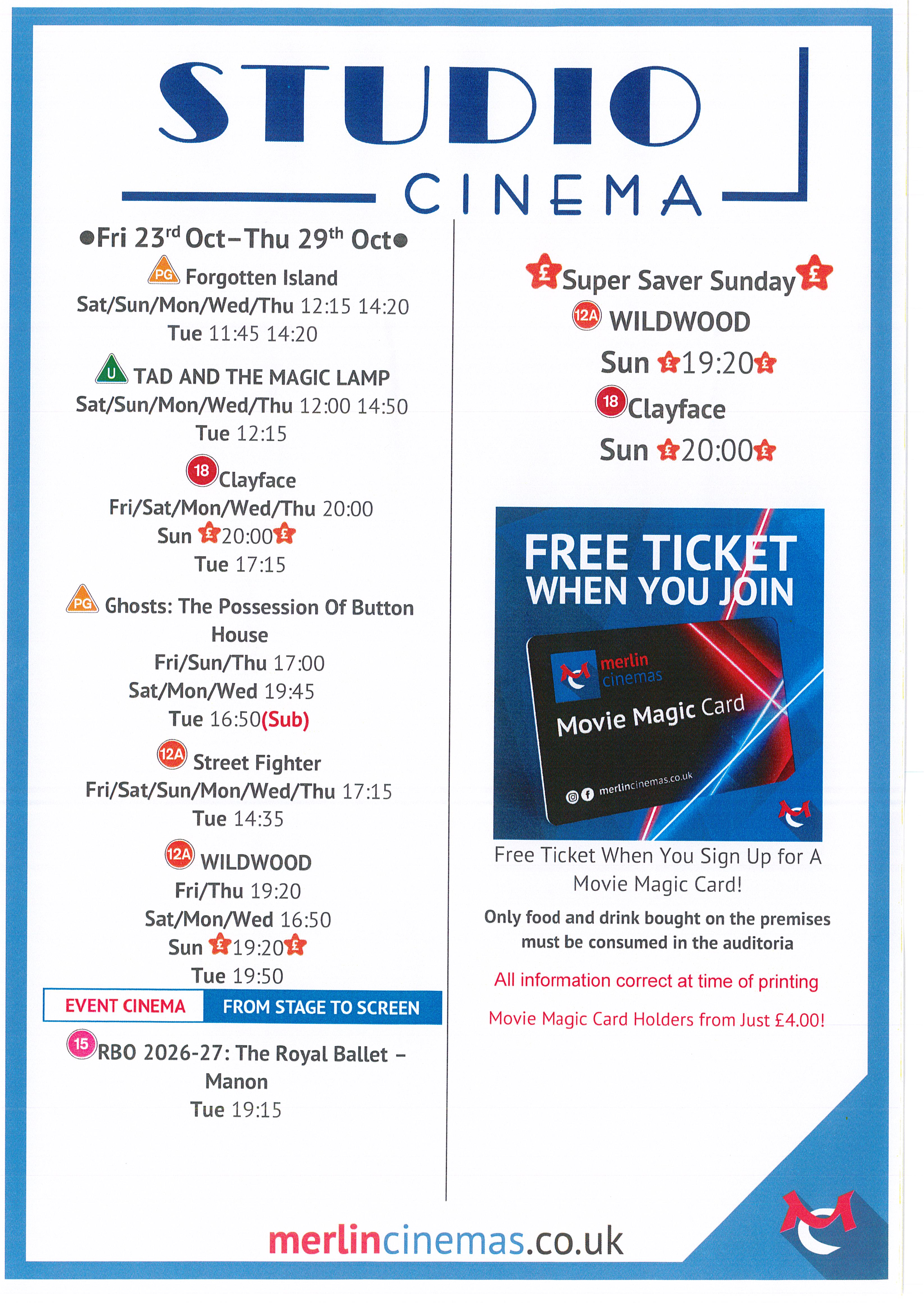 Studio Cinema Listings Friday 23rd October - Thursday 29th October